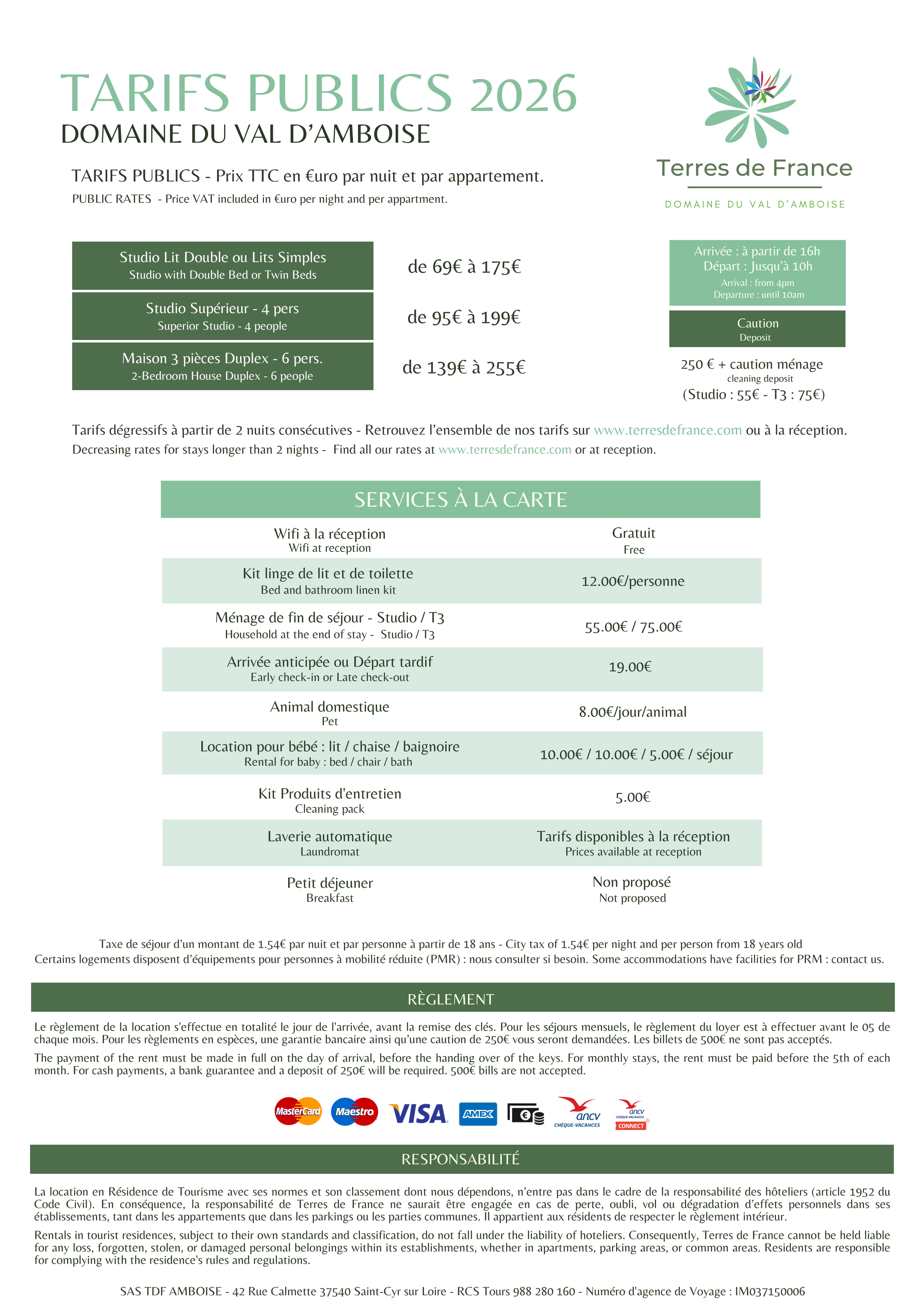 Tarifs publics du Domaine du Val d'Amboise