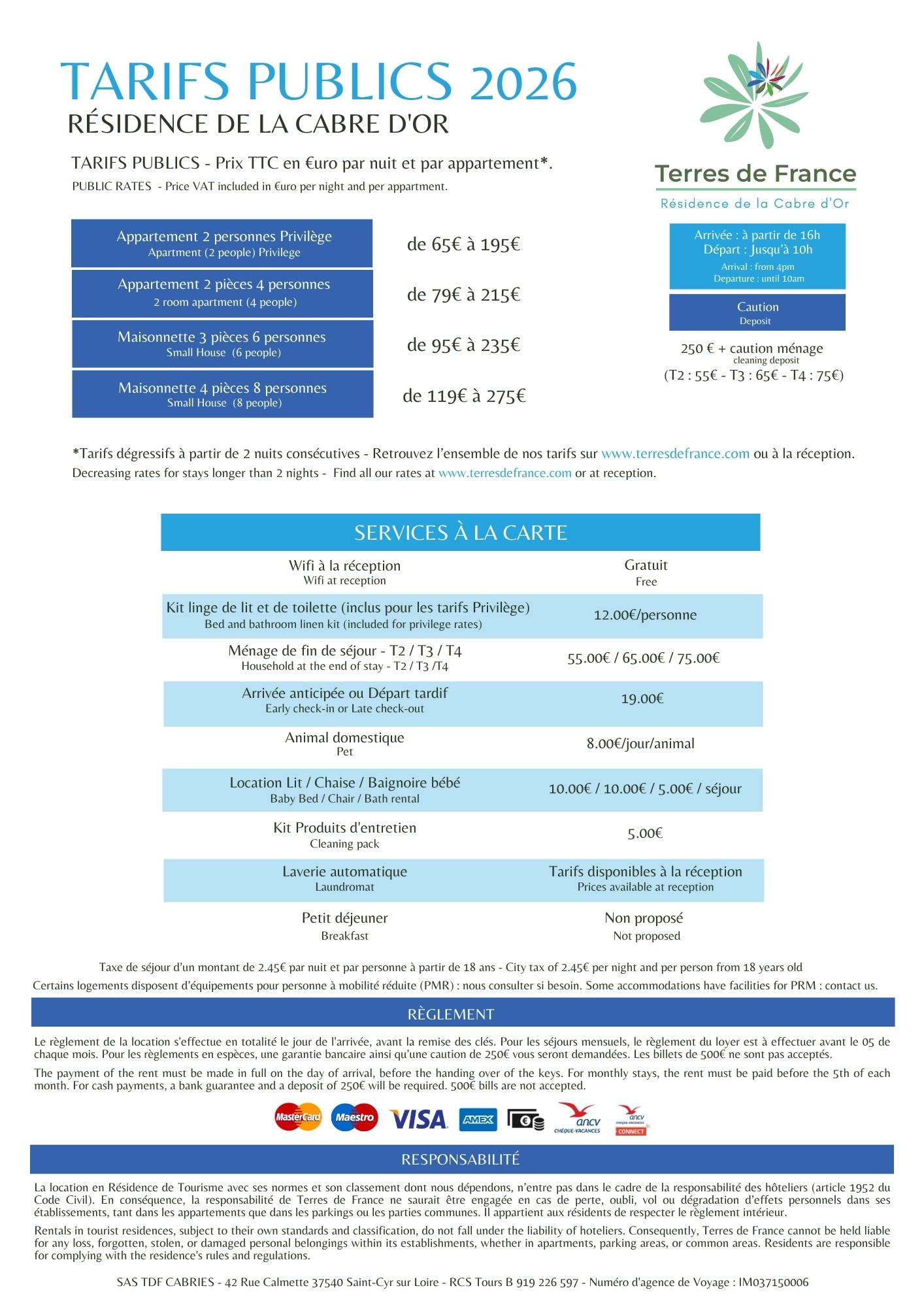 Tarifs publics 2026