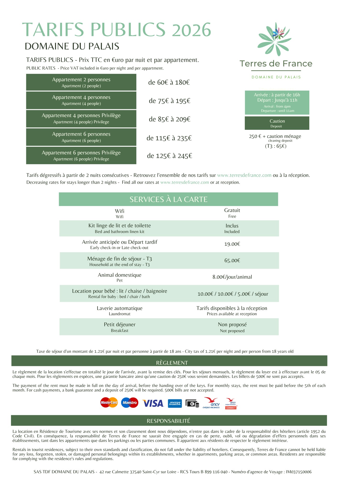 Tarifs publics 2026