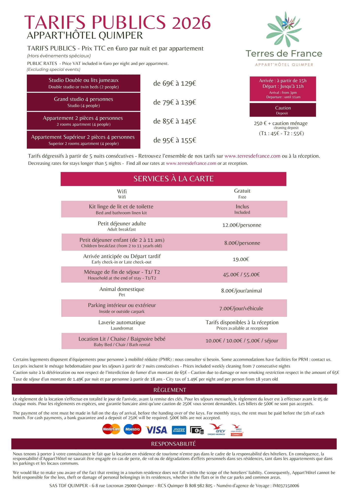 Tarifs Publics Quimper 2026